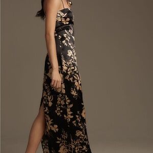 Reformation Frankie Silk Maxi Dress with Black Gold Floral Print
